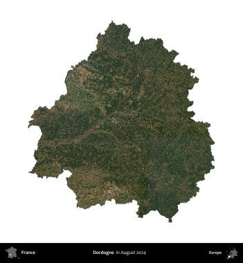 Dordogne. Fransa 'nın idari bölgesi, Ağustos 2024' te çekilen Kopernik Nöbetçi karolarından oluşan bir uydu görüntüsüyle beyaza izole edildi.