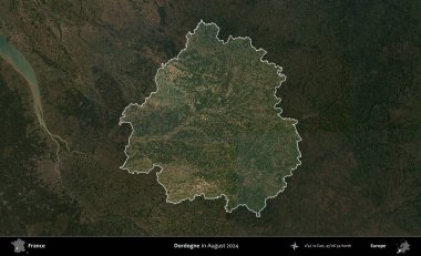 Dordogne. Fransa 'nın idari alanı, Ağustos 2024' te çekilen Kopernik Sentinel karolarından oluşan koyu renkli bir uydu görüntüsü üzerinde vurgulandı ve özetlendi.