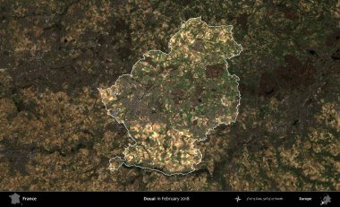Douai. Fransa 'nın idari alanı, Şubat 2018' de çekilen Kopernik Sentinel karolarından oluşan koyu renkli bir uydu görüntüsü üzerinde vurgulandı ve özetlendi.