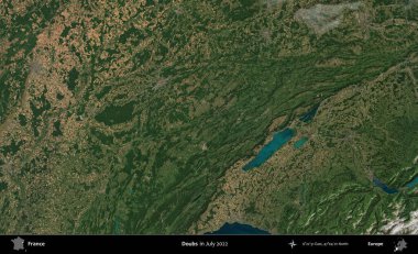 Hödükler. Copernicus Sentinel 'in Temmuz 2022' de çekilmiş uydu görüntüsü üzerine Fransa 'nın idari bölgesi.