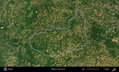 Dreux. Nisan 2020 'de çekilen Kopernik Nöbetçi karolarından oluşan bir uydu görüntüsünde Fransa' nın idari bölgesinin ana hatlarını çizdim.