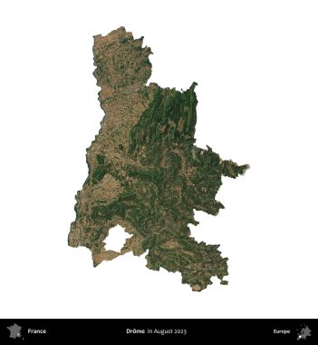 Drome. Fransa 'nın idari bölgesi, Ağustos 2023' te çekilen Kopernik Nöbetçi karolarından oluşan bir uydu görüntüsüyle beyaza izole edildi.