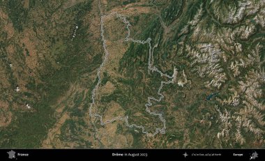 Drome. Copernicus Sentinel 'in Ağustos 2023' te çekilen uydu görüntüsünde Fransa 'nın idari bölgesinin ana hatları belirlendi.