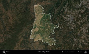 Drome. Fransa 'nın idari alanı, Ağustos 2023' te çekilen Kopernik Nöbetçi karolarından oluşan koyu renkli bir uydu görüntüsüyle vurgulandı ve özetlendi.