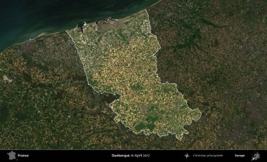 Dunkerque 'de. Fransa 'nın idari alanı, Nisan 2017' de çekilen Kopernik Nöbetçi karolarından oluşan koyu renkli bir uydu görüntüsü üzerinde vurgulandı ve özetlendi.