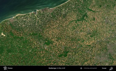 Dunkerque 'de. Copernicus Sentinel 'in Mayıs 2018' de çekilmiş uydu görüntüsü üzerine Fransa 'nın idari bölgesi.