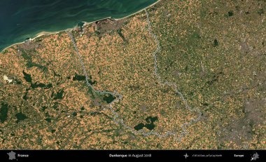 Dunkerque 'de. Copernicus Sentinel 'in Ağustos 2018' de çekilen uydu görüntüsünde Fransa 'nın idari bölgesinin ana hatları belirlendi.