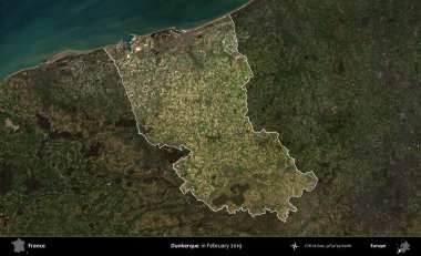 Dunkerque 'de. Fransa 'nın idari alanı, Şubat 2019' da çekilen Kopernik Sentinel karolarından oluşan koyu renkli bir uydu görüntüsü üzerinde vurgulandı ve özetlendi.