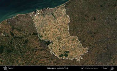 Dunkerque 'de. Fransa 'nın idari alanı, Eylül 2019' da çekilen Kopernik Nöbetçi karolarından oluşan koyu renkli bir uydu görüntüsü üzerinde vurgulandı ve özetlendi.