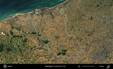 Dunkerque 'de. Eylül 2019 'da çekilen Copernicus Sentinel karolarından oluşan bir uydu görüntüsünde Fransa' nın idari bölgesinin ana hatlarını çizdim.