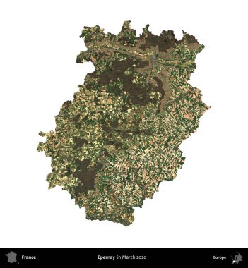 Epernay. Fransa 'nın idari bölgesi, Mart 2020' de çekilen Kopernik Nöbetçi karolarından oluşan bir uydu görüntüsüyle beyaza izole edildi.