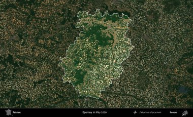 Epernay. Fransa 'nın idari alanı, Mayıs 2020' de çekilen Kopernik Nöbetçi karolarından oluşan koyu renkli bir uydu görüntüsü üzerinde vurgulandı ve özetlendi.