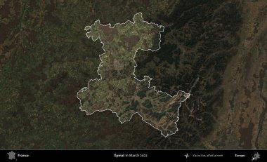 Epinal. Fransa 'nın idari alanı, Mart 2022' de çekilen Kopernik Sentinel karolarından oluşan koyu renkli bir uydu görüntüsü üzerinde vurgulandı ve özetlendi.