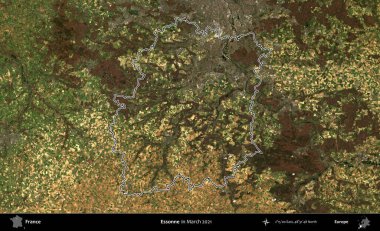 Essonne. Mart 2021 'de çekilen Copernicus Sentinel karolarından oluşan bir uydu görüntüsünde Fransa' nın idari bölgesinin ana hatları belirlendi.