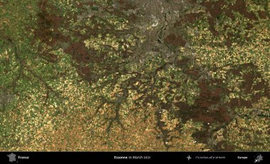 Essonne. Copernicus Sentinel 'in Mart 2021' de çekilmiş uydu görüntüsü üzerine Fransa 'nın idari bölgesi.