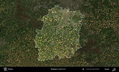 Essonne. Fransa 'nın idari alanı, Nisan 2021' de çekilen Kopernik Sentinel karolarından oluşan koyu renkli bir uydu görüntüsü üzerinde vurgulandı ve özetlendi.