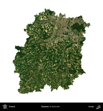 Essonne. Fransa 'nın idari bölgesi, Haziran 2021' de çekilen Kopernik Nöbetçi karolarından oluşan bir uydu görüntüsüyle beyaza izole edildi.