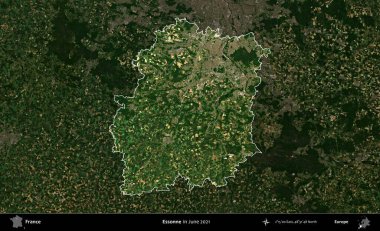 Essonne. Fransa 'nın idari alanı, Haziran 2021' de çekilen Kopernik Sentinel karolarından oluşan koyu renkli bir uydu görüntüsü üzerinde vurgulandı ve özetlendi.