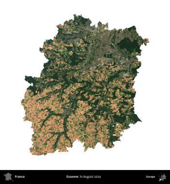 Essonne. Fransa 'nın idari bölgesi, Ağustos 2024' te çekilen Kopernik Nöbetçi karolarından oluşan bir uydu görüntüsüyle beyaza izole edildi.