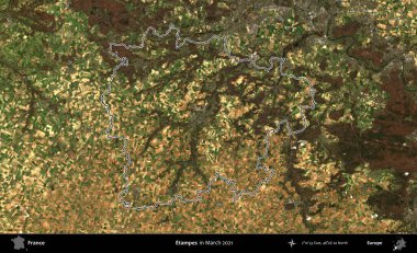 Etampes. Mart 2021 'de çekilen Copernicus Sentinel karolarından oluşan bir uydu görüntüsünde Fransa' nın idari bölgesinin ana hatları belirlendi.