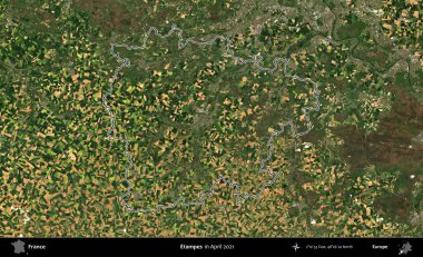 Etampes. Copernicus Sentinel 'in Nisan 2021' de çekilen uydu görüntüsünde Fransa 'nın idari bölgesinin ana hatları belirlendi.
