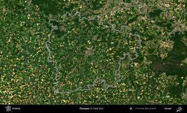 Etampes. Copernicus Sentinel 'in Haziran 2021' de çekilen uydu görüntüsünde Fransa 'nın idari bölgesinin ana hatları belirlendi.