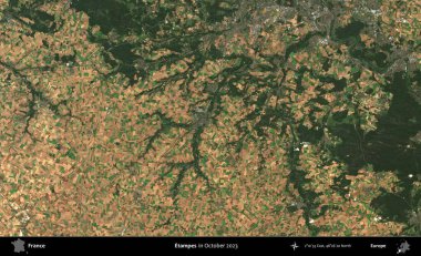 Etampes. Copernicus Sentinel 'in Ekim 2023' te çekilmiş uydu görüntüsü üzerine Fransa 'nın idari bölgesi.