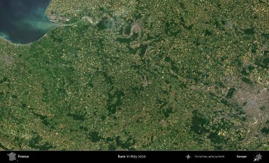 Eure. Mayıs 2020 'de Copernicus Sentinel karolarından oluşan bir uydu görüntüsü üzerine Fransa' nın idari bölgesi