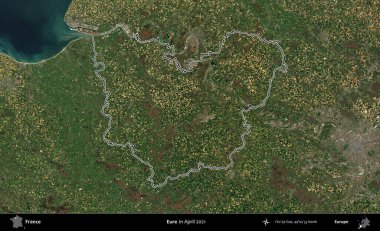 Eure. Copernicus Sentinel 'in Nisan 2021' de çekilen uydu görüntüsünde Fransa 'nın idari bölgesinin ana hatları belirlendi.
