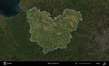 Eure. Fransa 'nın idari alanı, Nisan 2021' de çekilen Kopernik Sentinel karolarından oluşan koyu renkli bir uydu görüntüsü üzerinde vurgulandı ve özetlendi.