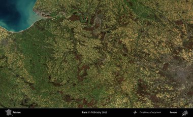 Eure. Copernicus Sentinel 'in Şubat 2022' de çekilmiş uydu görüntüsü üzerine Fransa 'nın idari bölgesi.