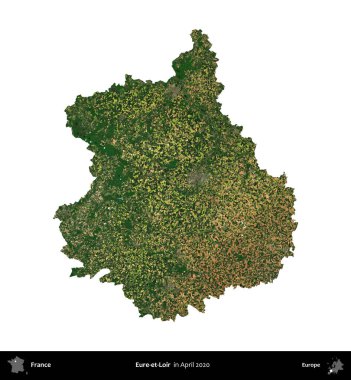 Eure-et-Loir. Fransa 'nın idari bölgesi, Nisan 2020' de çekilen Kopernik Nöbetçi karolarından oluşan bir uydu görüntüsüyle beyaza izole edildi.