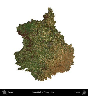 Eure-et-Loir. Fransa 'nın idari bölgesi, Şubat 2022' de çekilen Kopernik Nöbetçi karolarından oluşan bir uydu görüntüsüyle beyaza izole edildi.