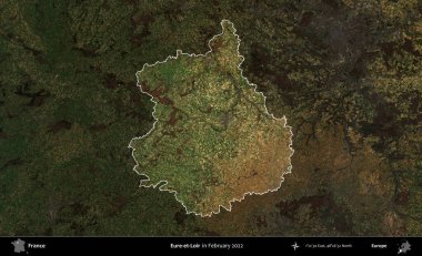 Eure-et-Loir. Fransa 'nın idari alanı, Şubat 2022' de çekilen Kopernik Sentinel karolarından oluşan koyu renkli bir uydu görüntüsü üzerinde vurgulandı ve özetlendi.