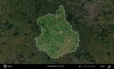 Eure-et-Loir. Fransa 'nın idari alanı, Temmuz 2023' te çekilen Kopernik Nöbetçi karolarından oluşan koyu renkli bir uydu görüntüsüyle vurgulandı ve özetlendi.