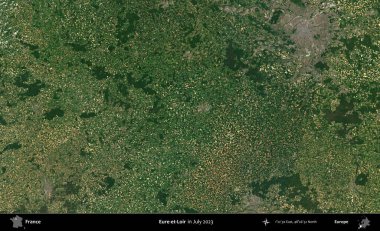 Eure-et-Loir. Copernicus Sentinel 'in Temmuz 2023' te çekilmiş uydu görüntüsü üzerine Fransa 'nın idari bölgesi.