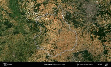 Eure-et-Loir. Eylül 2023 'te çekilen Copernicus Sentinel karolarından oluşan bir uydu görüntüsünde Fransa' nın idari bölgesinin ana hatlarını çizdim.