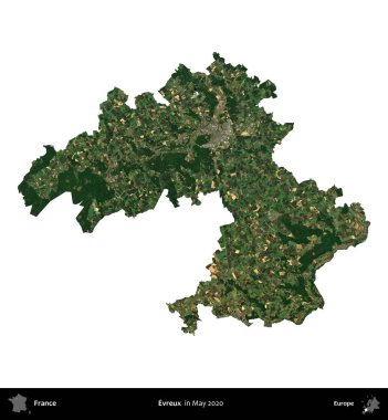 Evreux. Fransa 'nın idari bölgesi, Mayıs 2020' de çekilen Kopernik Nöbetçi karolarından oluşan bir uydu görüntüsüyle beyaza izole edildi.