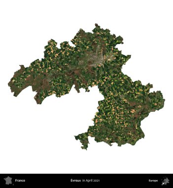 Evreux. Fransa 'nın idari bölgesi, Nisan 2021' de çekilen Kopernik Nöbetçi karolarından oluşan bir uydu görüntüsü ile beyaza izole edildi.