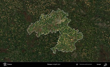 Evreux. Fransa 'nın idari alanı, Nisan 2021' de çekilen Kopernik Sentinel karolarından oluşan koyu renkli bir uydu görüntüsü üzerinde vurgulandı ve özetlendi.