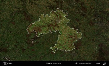 Evreux. Fransa 'nın idari alanı, Ocak 2023' te çekilen Kopernik Nöbetçi karolarından oluşan koyu renkli bir uydu görüntüsü üzerinde vurgulandı ve özetlendi.