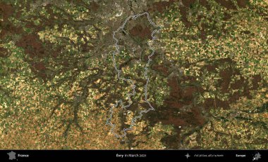 Evry. Mart 2021 'de çekilen Copernicus Sentinel karolarından oluşan bir uydu görüntüsünde Fransa' nın idari bölgesinin ana hatları belirlendi.