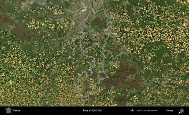 Evry. Copernicus Sentinel 'in Nisan 2021' de çekilen uydu görüntüsünde Fransa 'nın idari bölgesinin ana hatları belirlendi.
