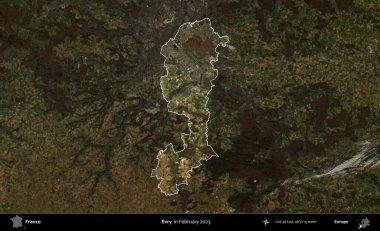 Evry. Fransa 'nın idari alanı, Şubat 2023' te çekilen Kopernik Nöbetçi karolarından oluşan koyu renkli bir uydu görüntüsü üzerinde vurgulandı ve özetlendi.