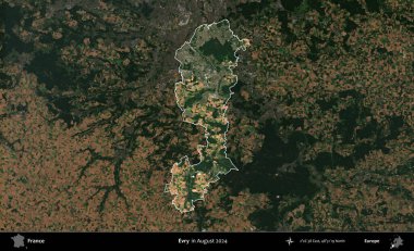 Evry. Fransa 'nın idari alanı, Ağustos 2024' te çekilen Kopernik Sentinel karolarından oluşan koyu renkli bir uydu görüntüsü üzerinde vurgulandı ve özetlendi.