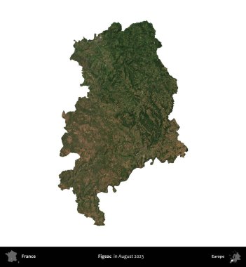 Figeac. Fransa 'nın idari bölgesi, Ağustos 2023' te çekilen Kopernik Nöbetçi karolarından oluşan bir uydu görüntüsüyle beyaza izole edildi.