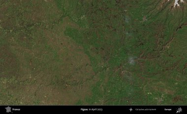 Figeac. Copernicus Sentinel 'in Nisan 2023' te çekilmiş uydu görüntüsü üzerine Fransa 'nın idari bölgesi.