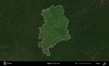 Figeac. Fransa 'nın idari alanı, Mayıs 2024' te çekilen Kopernik Nöbetçi karolarından oluşan koyu renkli bir uydu görüntüsü üzerinde vurgulandı ve özetlendi.