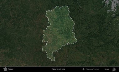 Figeac. Fransa 'nın idari alanı, Temmuz 2024' te çekilen Kopernik Nöbetçi karolarından oluşan koyu renkli bir uydu görüntüsüyle vurgulandı ve özetlendi.