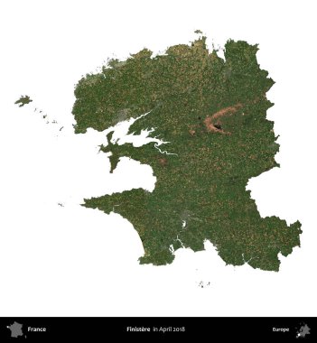 Finistere. Fransa 'nın idari bölgesi, Nisan 2018' de çekilen Kopernik Nöbetçi karolarından oluşan bir uydu görüntüsü ile beyaza izole edildi.